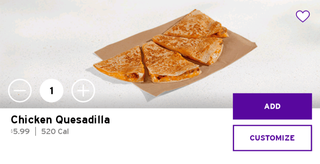menu screenshot showing the price of a chicken quesadilla a la carte is $5.99