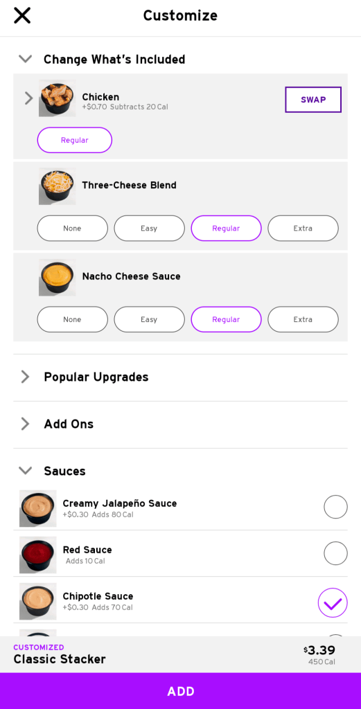 screen shot showing customizations of swapping protein to chicken and adding chipotle sauce