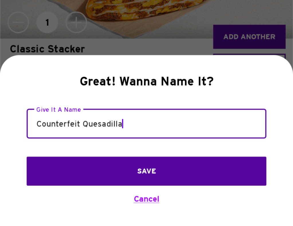 screenshot showing the saved name of the customized item is counterfeit quesadilla